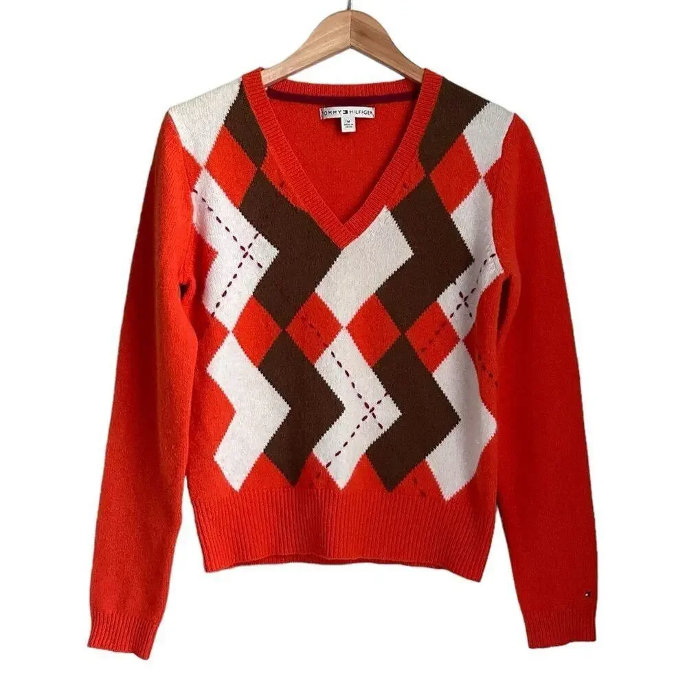 Tommy Hilfiger Vtg Orange V-Neck Sweater Women M Geometric Argyle Wool Blend Y2K